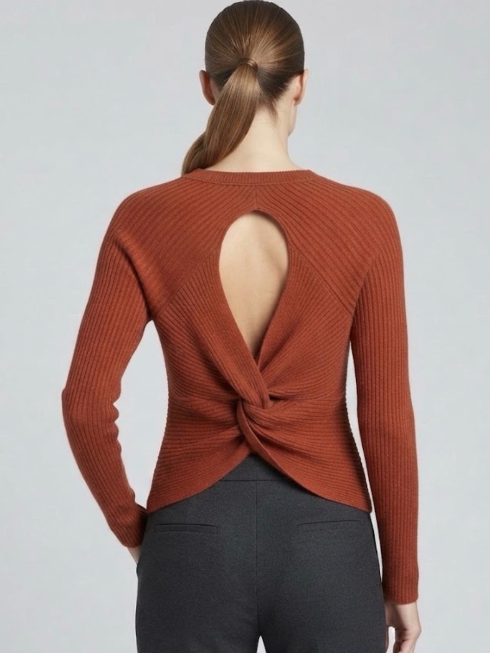 Pink Rose Ribbed Twist-Back Sweater - Rust